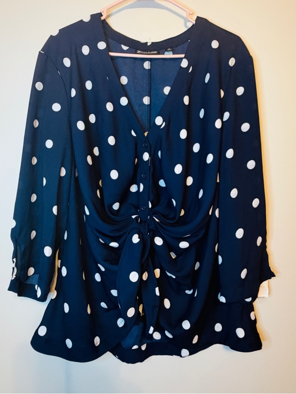 Women’s Navy Polka Dot Tie-Front Blouse